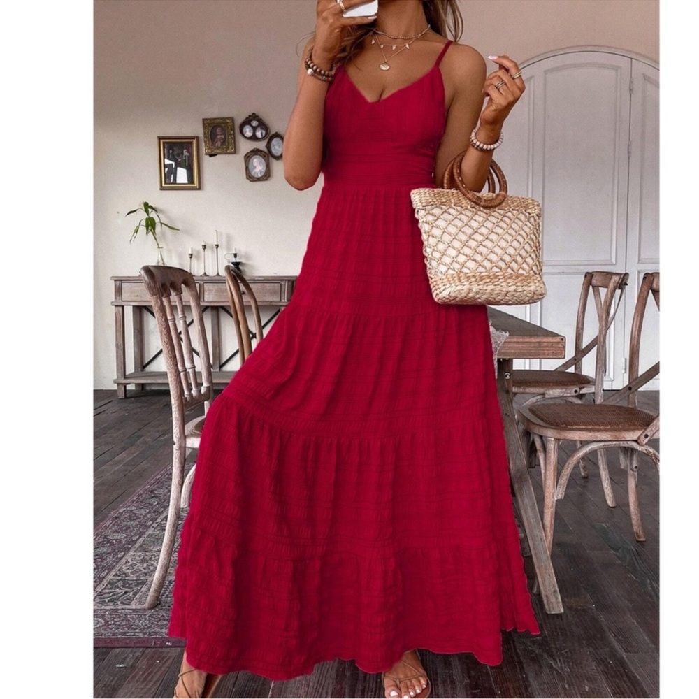 Boho Textured Adjustable Straps Back Tie Maxi Dress XS S M L